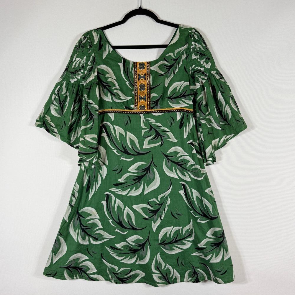 Vanessa Virginia US 2 Mini Dress Green Womens Boho Bell Sleeve Tropical Resort